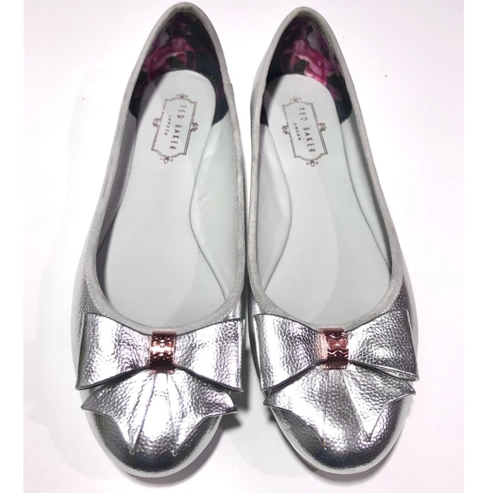 Ted Baker Immet Silver Metallic Slip On Ballet Flats Rose Gold Bow Size 6.5 37
